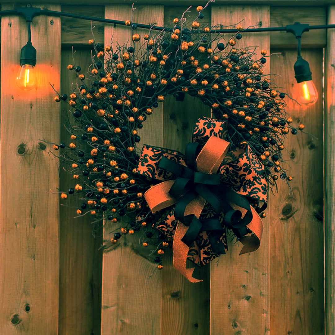 Handmade Black & Orange Fall Wreath – Halloween-Inspired Door Decor with Elegant Ribbon