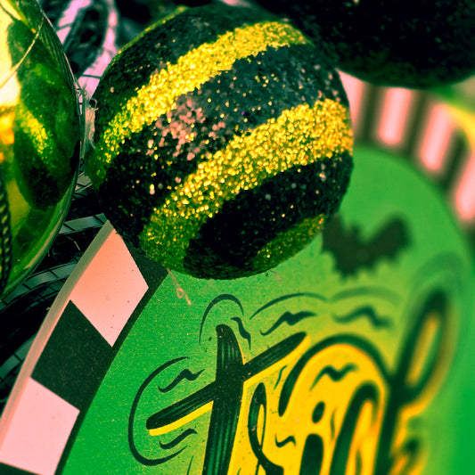 Handmade Trick or Treat Halloween Wreath – Black, Purple & Lime Green Door Decor