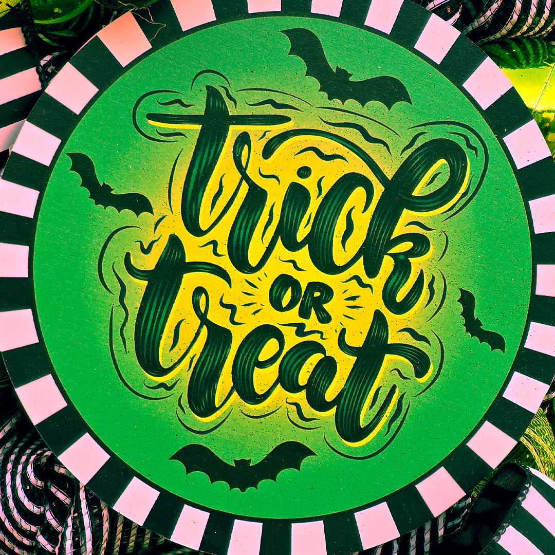 Handmade Trick or Treat Halloween Wreath – Black, Purple & Lime Green Door Decor