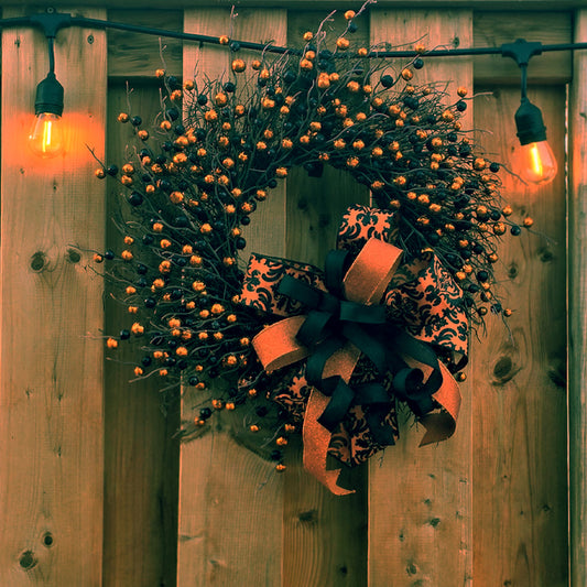 Handmade Black & Orange Fall Wreath – Halloween-Inspired Door Decor with Elegant Ribbon