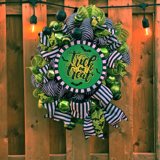 Handmade Trick or Treat Halloween Wreath – Black, Purple & Lime Green Door Decor